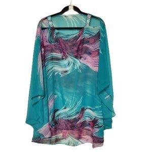 Boho Green Peacock Multi Clr. Sheer Chiffon Long Oversized Top.